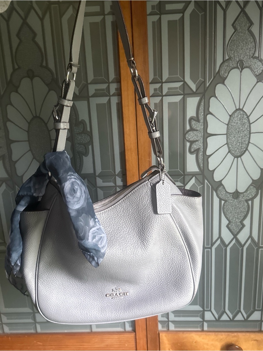 Coach Rory  Pebbled Leather Shoulder Bag in slate Gray with Floral Scarf